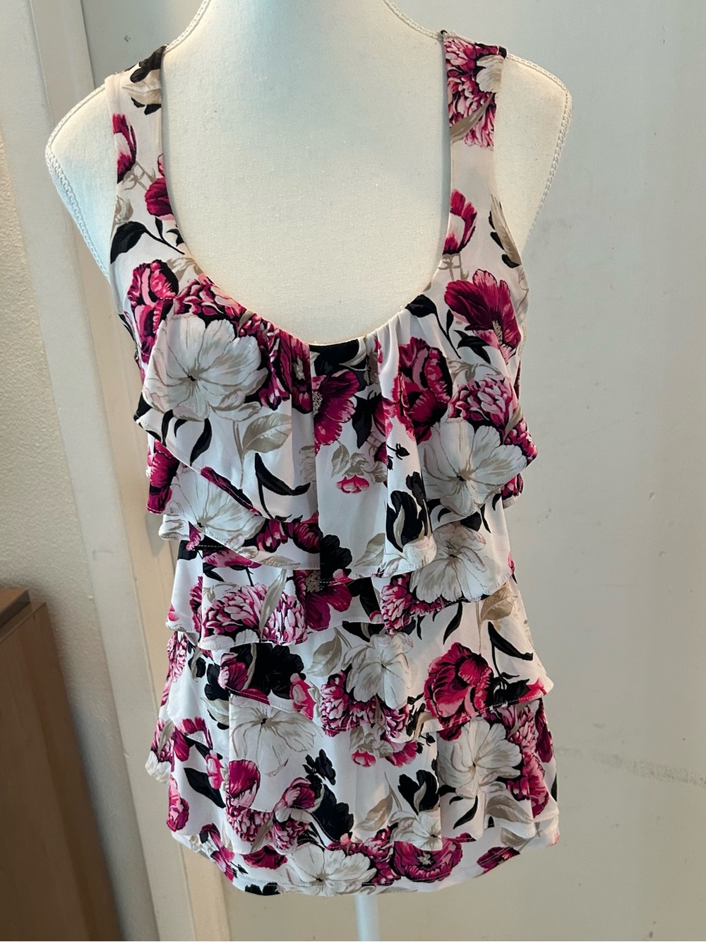 White House Black Market Floral Ruffle Tank with Pink Accents